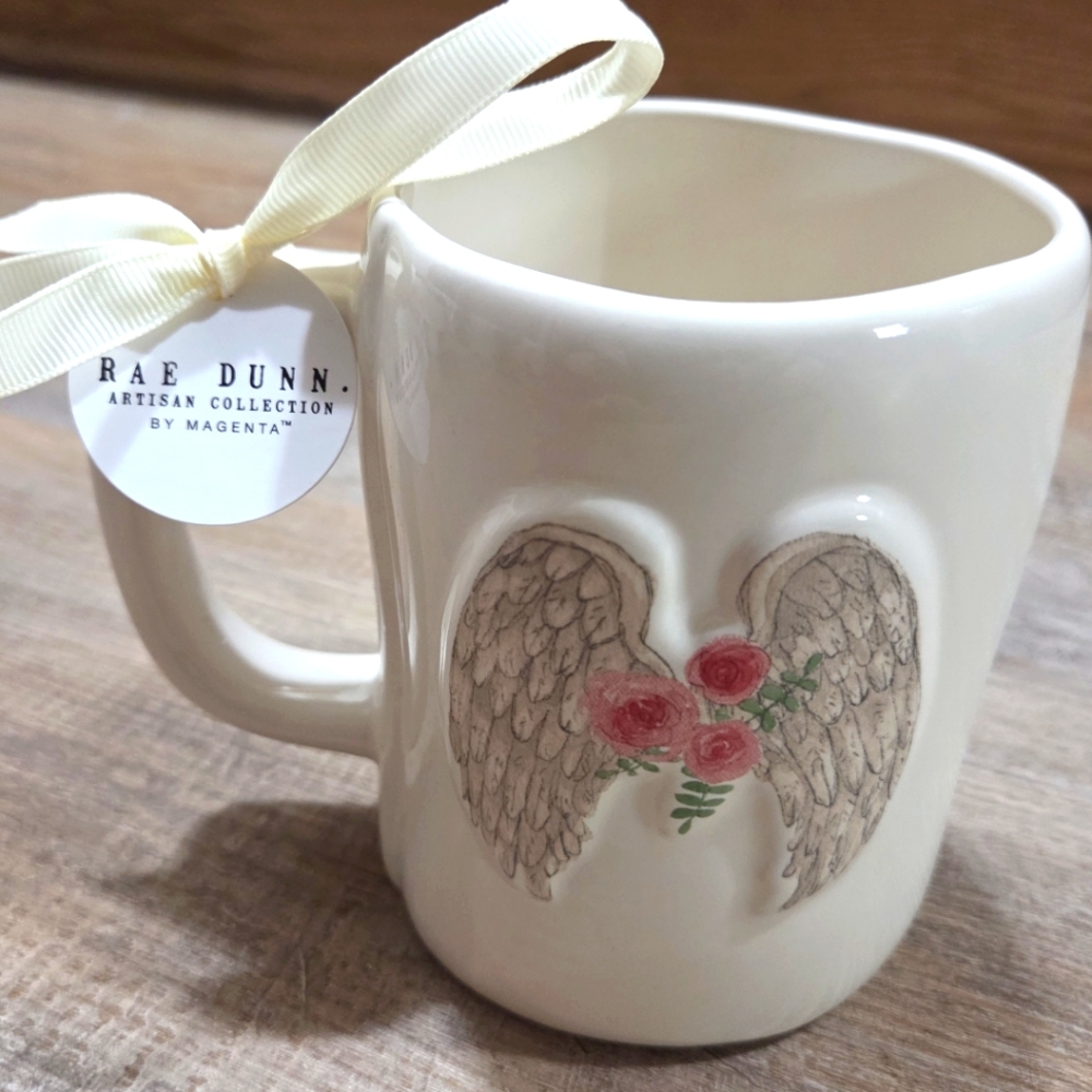 Rae Dunn Cream Mug with Angel Wings and Strong Fearless Beautiful Script